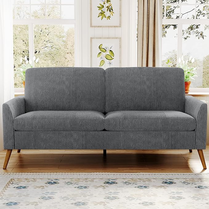 68" Loveseat Sofa, Comfy Grey Corduroy Couches for Living Room, Mid Century Modern Love Seat Sofa, Tool-Free Setup Small Couches for Bedroom Office