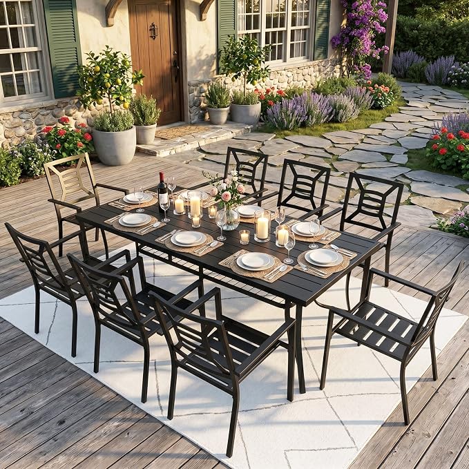 9 Piece Outdoor Patio Dining Sets, 77" Rectangular Metal Dining Table with Umbrella Hole & 8 Stackable Metal Chairs, Weather Resistant Garden Furniture Set for Backyard, Deck, Porch - Image 8