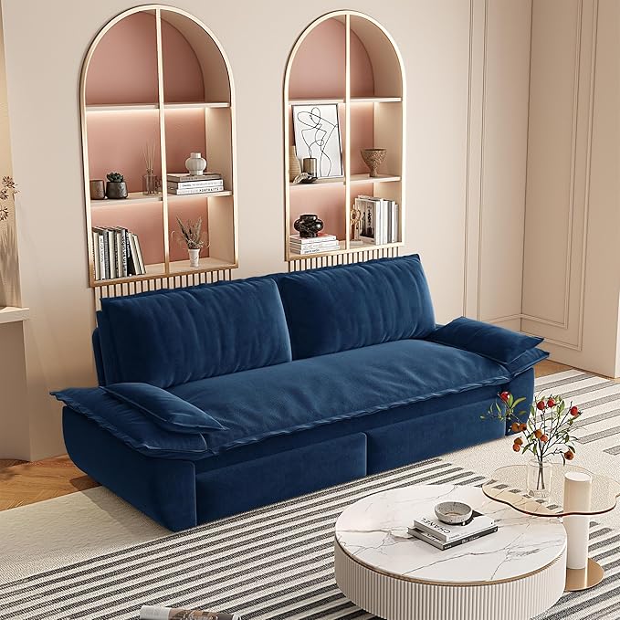 73.2" Queen Size Pull Out Sofa Bed, 3-in-1 Convertible Sleeper, Velvet Loveseat for Living Room, Apartment, Bedroom Small Spaces, Blue (Mattress & Bedding Not Included)