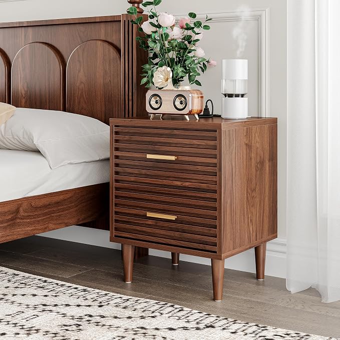 Whalefall Night Stands with Charging Station, Mid Century Modern Nightstand, Fluted Bedside Table with Drawer, End Table Bed Side Tables for Bedroom, Accent Tables with Wood Legs, Brown 1pc - Image 4