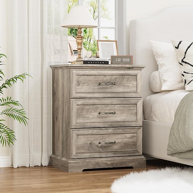 Nightstand with 3 Large Drawers,24" Wide End Table with Metal Handles,Rustic Farmhouse Wood Small Dresser,Bedside Table,Modern Chest of Drawers for Bedroom,Living Room,Grey by Thacuok