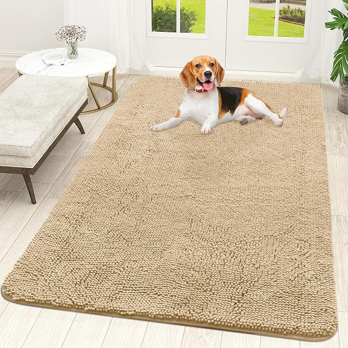 OLANLY Dog Door Mat for Muddy Paws 70x46, Absorbs Moisture and Dirt, Absorbent Non-Slip Washable Doormat, Quick Dry Chenille Mud Mat for Dogs, Entry Indoor Entryway Carpet for Inside Floor, Beige by OLANLY