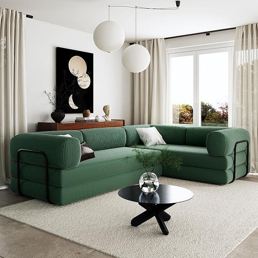 Merax L-Shaped Modular Sofa Bed in Corduroy Fabric, Convertible Sleeper Sofa Bed, 4 Seat Floor Couch for Living Rooms and Apartments, No Assembly Required, Green