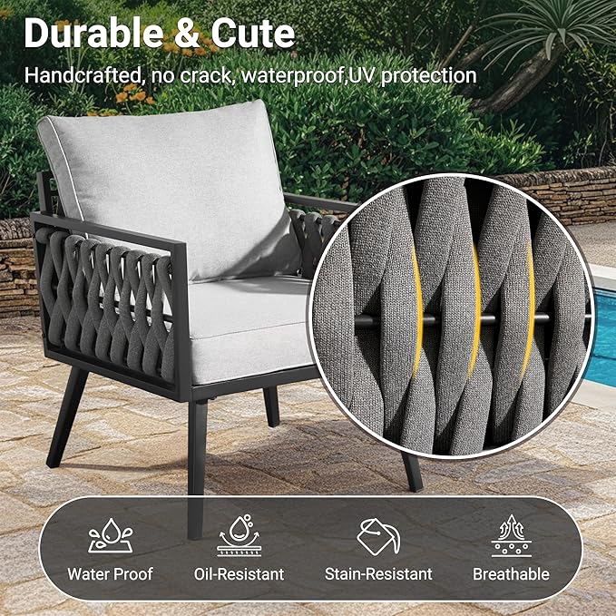 Weaxty Modern Patio Furniture Set 6 Piece, Rope Outdoor Patio Conversation Sets Sectional Sofa Swivel Chairs Table Ottoman, All Weather Metal Balcony Furniture for Backyard Garden, Light Grey