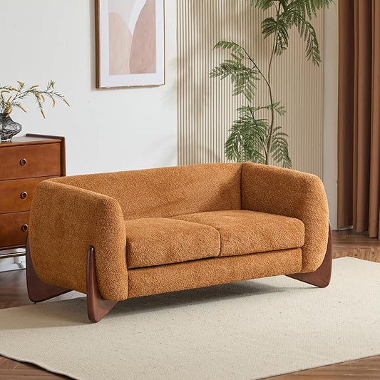 Merax 63 Inch Modern Boucle Upholstered 2-Seater Sofa, Chenille Fabric Loveseat with Solid Wood Legs, Low Profile Small Couch for Living Room, Caramel