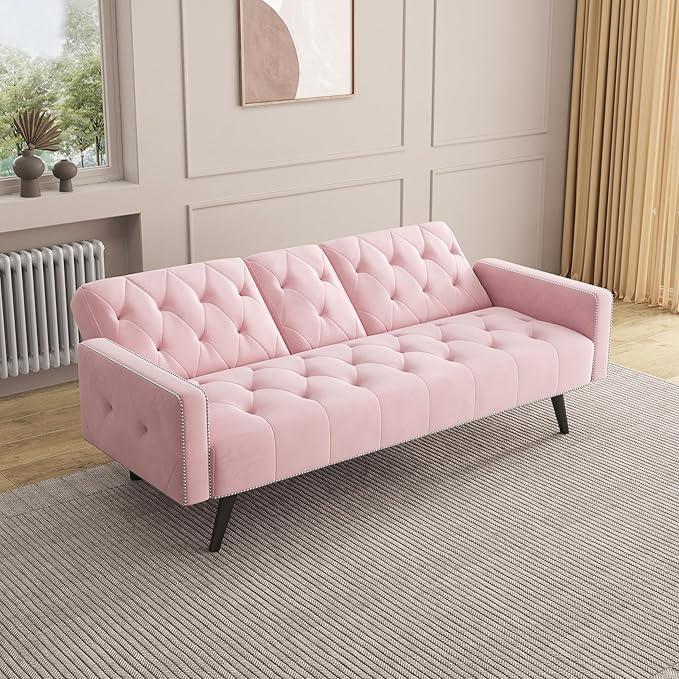 KEIKI 72" Velvet Loveseat Sofa Bed with Nailhead Accents & Tufted Backrest, 3-in-1 Convertible Sleeper with Cup Holders for Small Spaces, Pink