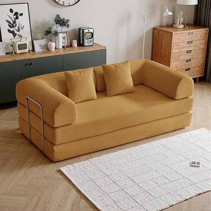 87'' Convertible Compressed Corduroy Folding Cloud Sofa Bed, Modern Modular Boneless Pull Out 3 Seater Sleeper in a Box, 5 in 1 Foldable Floor Mattress Couch, No Assembly Need, Yellow, Pillows, King