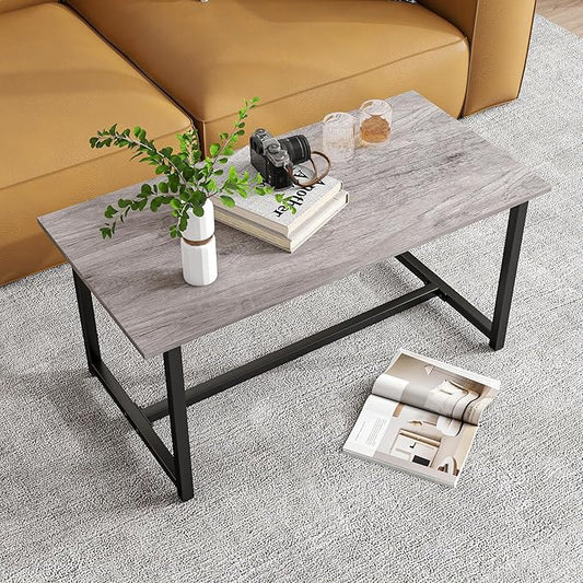 Coffee Table for Living Room, Modern Rectangular Center Coffee Tables for Small Space, Industrial Furniture, Sofa End Tables/Tea Table/Center Table, Couch Table with Metal Black Frame Grey Top