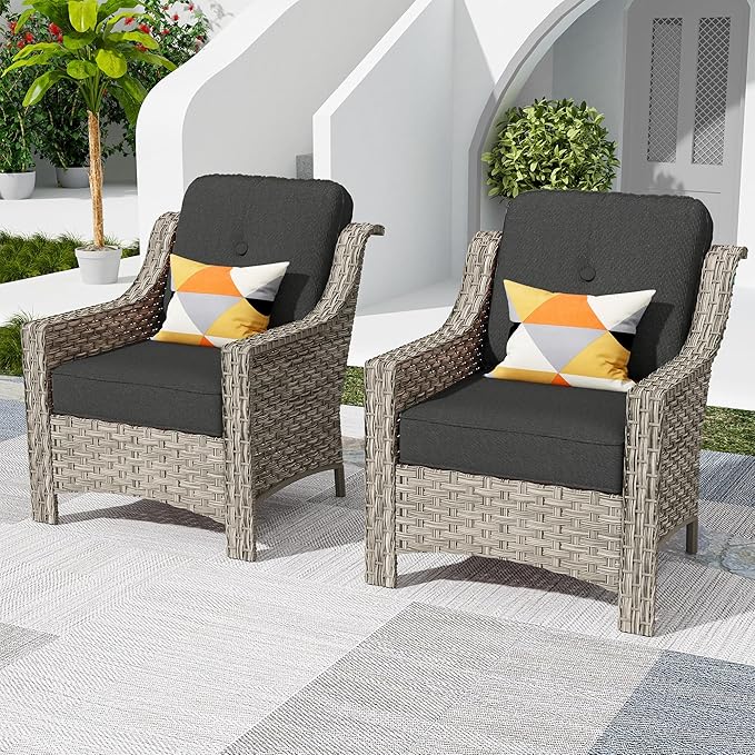 HOOOWOOO 2 Piece Patio Chairs Set,Outdoor Wicker Chairs,All Weather Resistant High Back Rattan Deck Chairs Matching Furniture(Black)