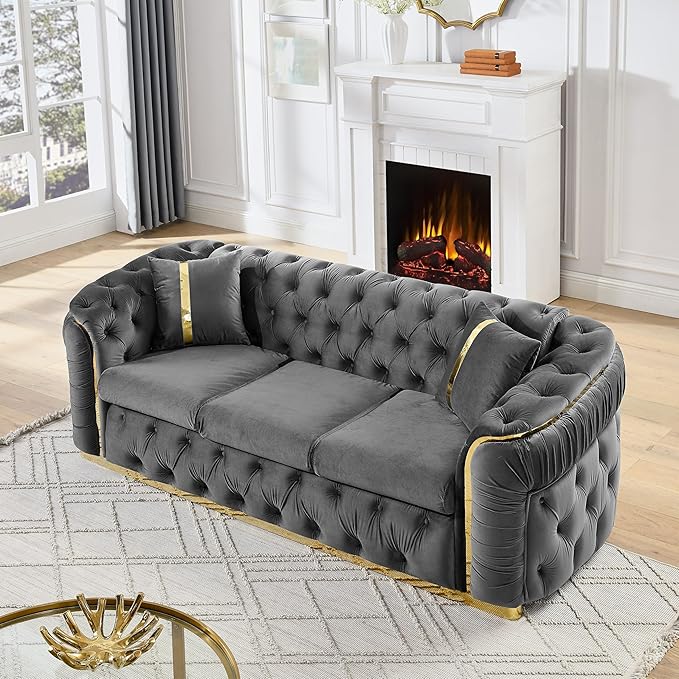 KEIKI 91" Luxury Oversized Velvet Chesterfield Sofa with Gold Stainless Steel Accents and 2 Pillows, Mid-Century Style 3-Seater Button Tufted Couch, Easy Assembly, for Apartment, Living Room, Gray