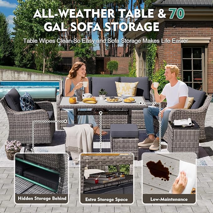 MEISSALIVVE Outdoor Patio Furniture Set with Swivel Chairs, 7 Pieces Rattan Wicker Sectional Swivel Rocker Chairs Sets with Waterproof Cushions for Lawn Backyard Porch (Grey)