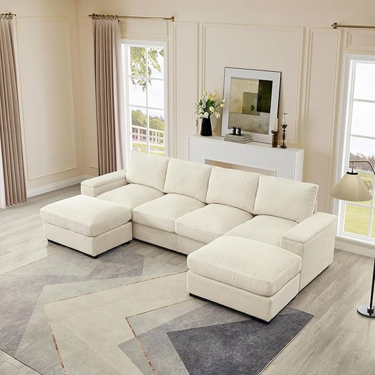 122" Oversized Modular Sectional Sofa Cloud Couch with 2 Ottomans, Comfy Corduroy Upholstered Deep Seat Large U Shaped Lounge Sofa&Couches with Hidden Arm Storage Box
