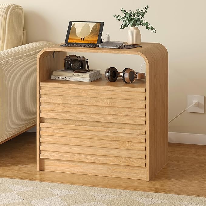 Modern Nightstand with Charging Station, 23.6" Wide Wood Night Stand with 2 Storage Drawers and Curved Edge, Farmhouse Fluted Bedside Table, Bed Side Table, Small End Table for Bedroom, Natural Oak by JMHDYG