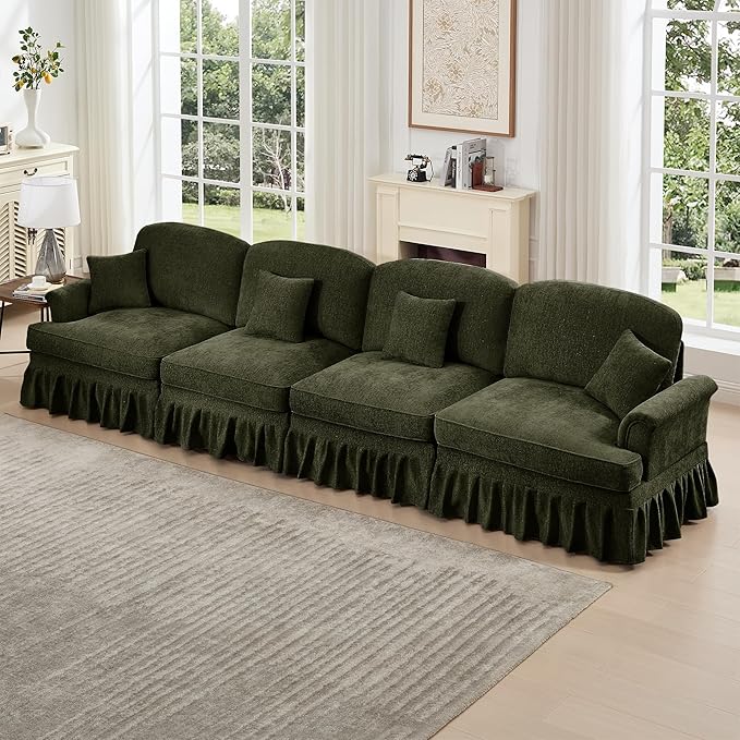 KEIKI Mid Century Modular Sofa with Flared Arms and Skirted Design, 137“ Oversized 4-Seater Luxury Chenille Sectional Couches for Living Room, Soft Comfortable Couch Bedroom Furniture, Green