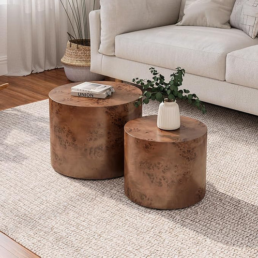 Round Nesting Coffee Table Set of 2,Modern Wooden Circle Burl Accent Tables for Small Spaces Living Room Bedroom Balcony Office(Dark Brown,19"+15")