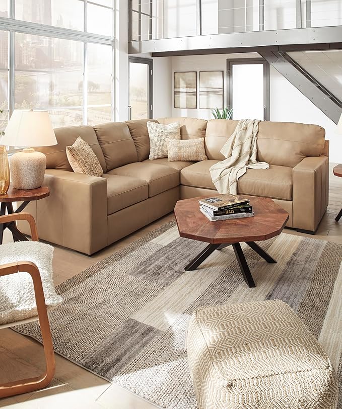 Signature Design by Ashley Bandon Modern Leather Match Right-Arm Facing 2-Piece Sectional with Removable Cushions and Armrest, Light Brown