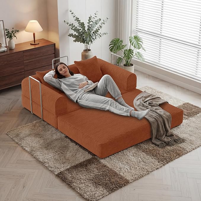 HouseMila 59" Boneless Couch,4-in-1 Futon Sofa Bed Modular Loveseat Sleeper Folding Compressed Couch with Pillows,No Assembly Required Convertible Sofa Bed for Living Room Bedroom Guest Room,Orange