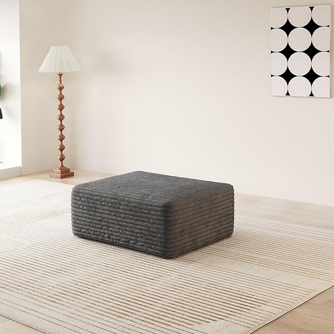 37.4" Charcoal Plush Corduroy Ottoman, Upholstered Cloud Ottoman for Boneless Couch in a Box, Modular Sectional Couches for Living Room Bedroom, Compressed Memory Foam, No Assembly Require, Dark Grey