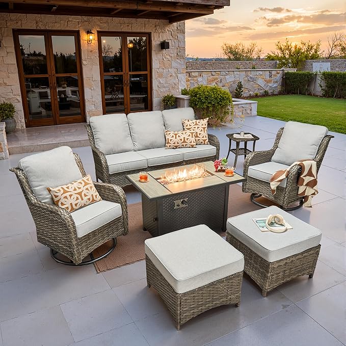 ovios 7-Piece Patio Furniture Set with Swivel Chairs Coffee Table, Outdoor Wicker Sofa with 42" Fire Pit Table, High Back Couch Modern Conversation Sets, Grey/Grey