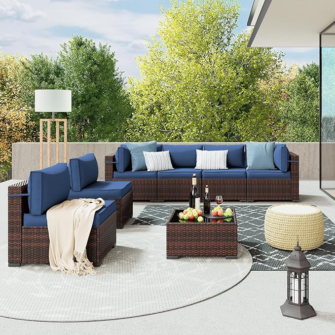 Amopatio Patio Furniture Set with Waterproof Cover, Modular Outdoor Sectional 7 Piece Wicker Patio Set, Multiple Combinations Outdoor Sofa w/Coffee Table, Navy Blue