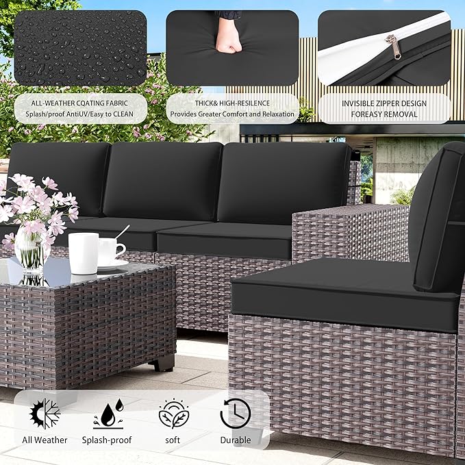 7 PCS Outdoor Patio Furniture Set,Outdoor Sectional Furniture with 43" 55000 BTU Gas Propane Fire Pit Table,All Weather PE Rattan Wicker Patio Conversation Set,Black