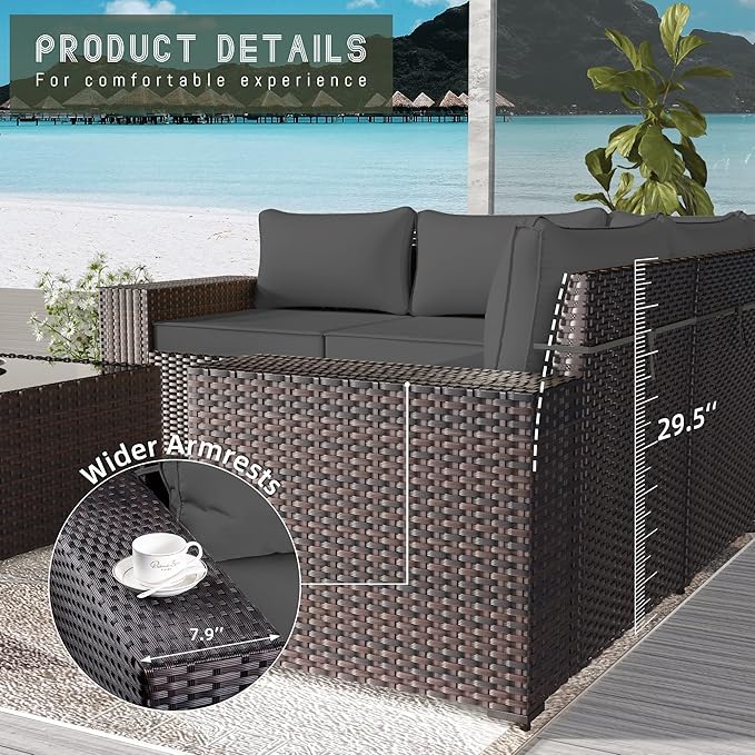 6 PCS Outdoor Patio Furniture Set,Outdoor Sectional Furniture All Weather PE Rattan Wicker Patio Conversation Set with Coffee Table and 5 Thickened Cushions,Grey
