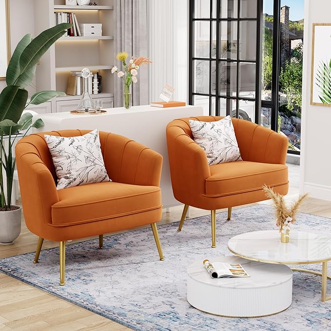 Andeworld Velvet Accent Chair, Upholstered Modern Single Sofa Side Chair,Comfy Barrel Club Living Room Armchair with Golden Metal Legs for Bedroom Living Reading Room Office,Caramel Orange