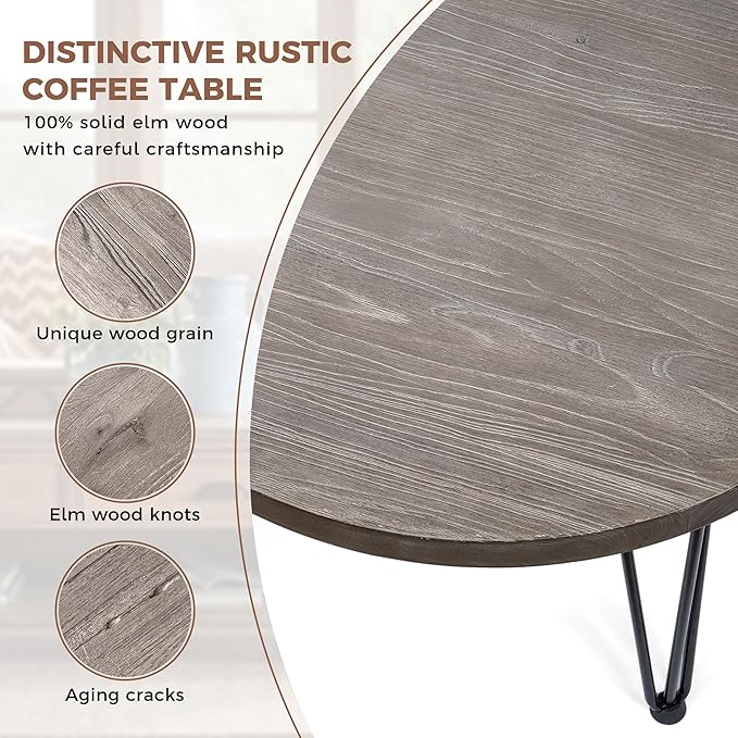 Rustic Wood Round Coffee Table with Metal Legs, Solid Elm Wood Top and Non-Slip Feet Pads - Farmhouse Style for Living Room, Grey