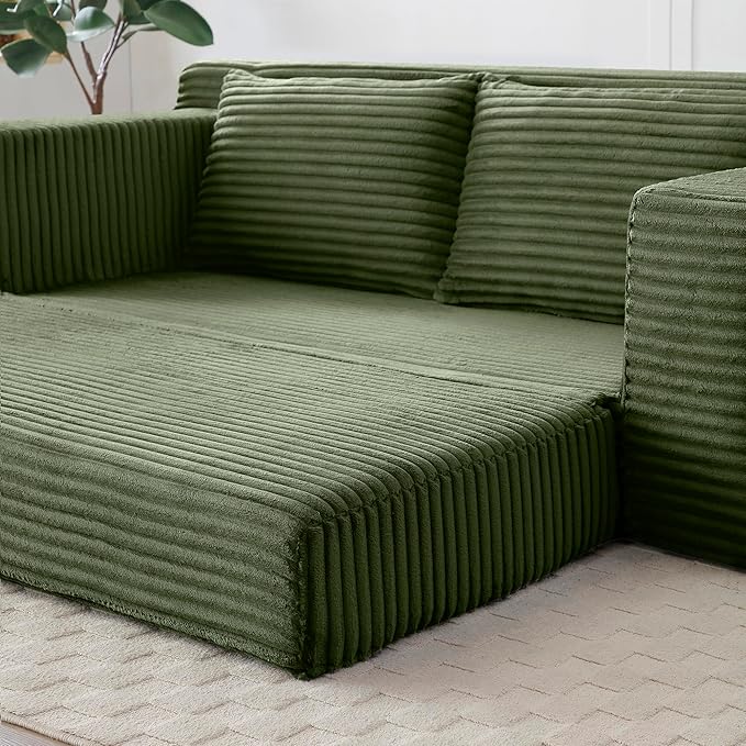 73" Convertible Sofa Bed, 2 in 1 Corduroy Folding Couch with Pillows, No Assembly Boneless Compression Sofa in Box, Loveseat with Side Storage Pocket for Apartment, Living Room, Green