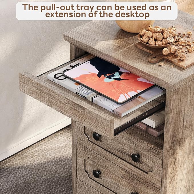LIKIMIO Nightstand Set of 2, Night Stand with Pull Out Tray, Wooden Bedside Table with 2 Drawers and Open Shelf, Side Table for Bedroom, Grey - Image 5