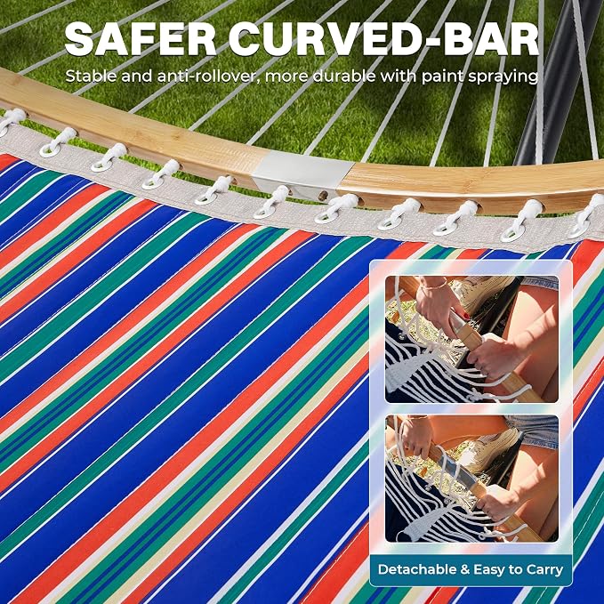 SUPERJARE Curved-Bar Hammock with Stand, 2 Person Heavy Duty Hammock Frame, Detachable Pillow & Portable Carrying Bag, Perfect for Outdoor & Indoor, Retro Blue and Green - Image 7