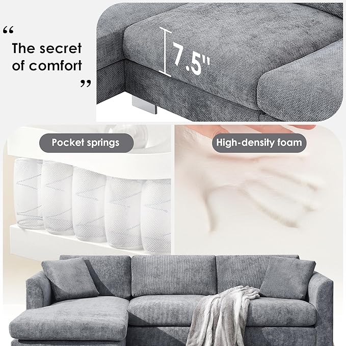 Deep Seat Oversized L Shaped Modular Sectional Sofa with Extra Wide Chaise, 4 Seater Cloud Lounge Sofa Corner Couch with Metal Legs and Detachable Cushions for Living Room Apartment, Chenille Fabric