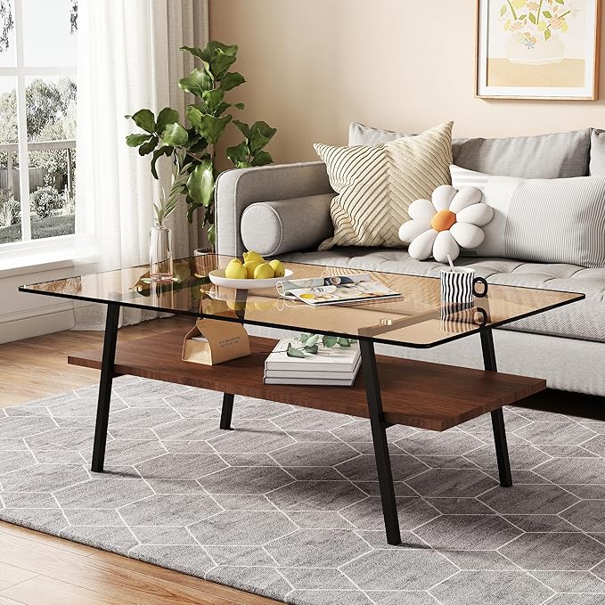 IANIYA Glass Coffee Table for Living Room Small Gold Mid Century Coffee Table for Living Room with Wood Shelves (Black Frame, Brown Glass + Brown Wood)