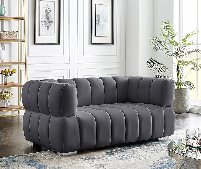 Meridian Furniture 670Grey-L Gwen Collection Modern | Contemporary Velvet Upholstered Loveseat with Deep Biscuit Tufting