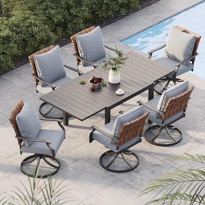Grand patio 7-Piece Outdoor Dining Set, 6 Leather-Look Wicker Swivel Patio Chairs & 1 Rectangular Dining Table, Black by GrandPatio