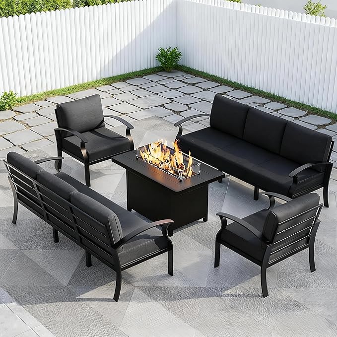 Aluminum Outdoor Patio Furniture Set,5 Pieces 8 Seats Patio Conversation Sets with 45" Propane Fire Pit Table,Metal Patio Sectional Furniture Set w/5.1" Cushions for Porch,Deck,Backyard,Black