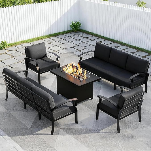 Aluminum Outdoor Patio Furniture Set,5 Pieces 8 Seats Patio Conversation Sets with 45" Propane Fire Pit Table,Metal Patio Sectional Furniture Set w/5.1" Cushions for Porch,Deck,Backyard,Black