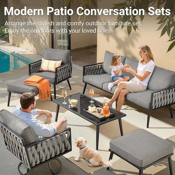 Weaxty Modern Patio Furniture Set 6 Piece, Rope Outdoor Patio Conversation Sets Sectional Sofa Swivel Chairs Table Ottoman, All Weather Metal Balcony Furniture for Backyard Garden, Grey