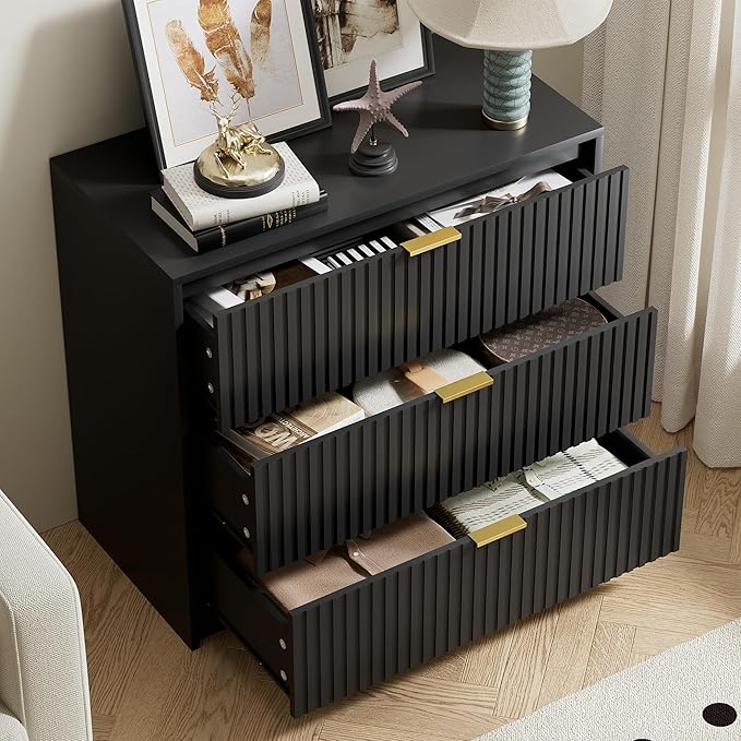 Furniway Black Dresser Bedroom Set 3 Pieces, Nightstands Sets of 2, 9 Drawer Dresser with Gold Handles for Bedroom