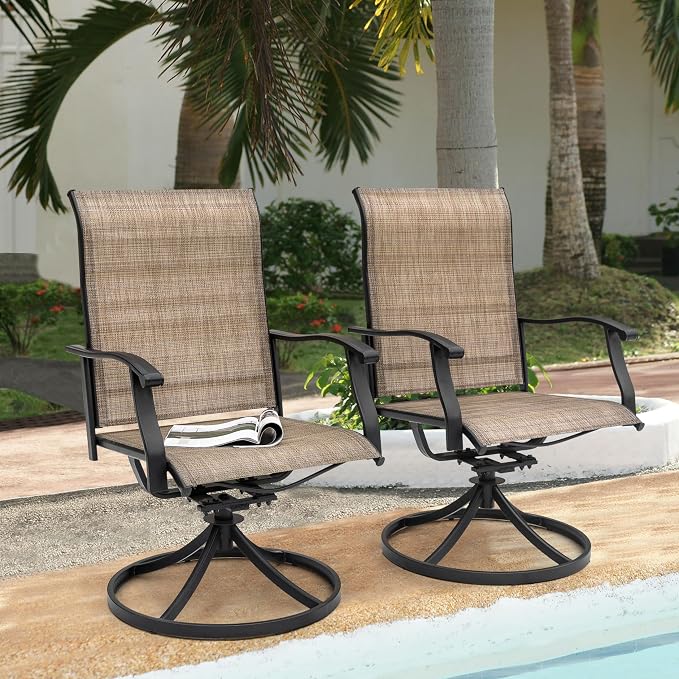 NUU GARDEN Outdoor Swivel Patio Dining Chairs Set of 2, All-Weather Textilene Dining Chairs with Metal Frame for Patio, Lawn, Deck or Backyard, Brown - Image 3