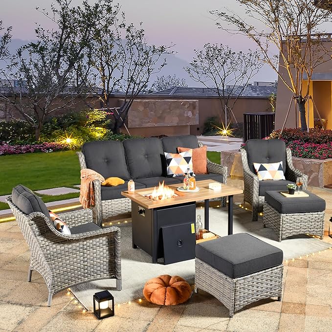 HOOOWOOO 6 Piece Patio Furniture Sets with Fire Pit Table,Outdoor Wicker Furniture Set,All Weather Resistant Outside High Back Rattan Conversation Set for Out Door(Black)