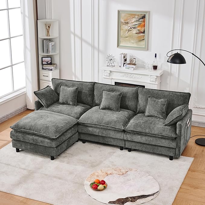 102" Modular Sectional Sofa, Premium Chenille Cloud Couch with Reversible Ottoman, L-Shaped Oversized Sofa with Side Storage Pockets for Multi-Scene Living Room & Home Office