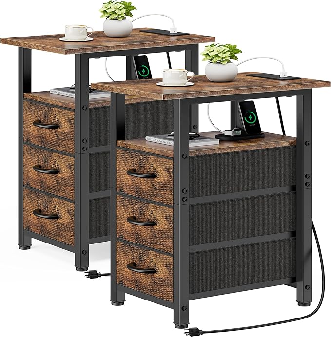 Vagusicc Set of 2 Night Stand with Charging Station, Narrow Nightstand with U-S-B Ports and Outlets, Small Night Stand 3 Fabric Storage Drawers, Small Bedside Table, Rustic Brown by Vagusicc