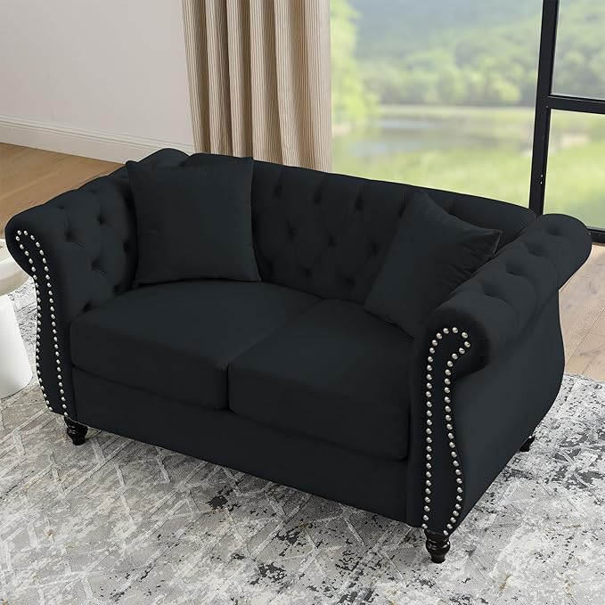 KEIKI Chesterfield Sofa, Retro Style Upholstered 2 Seater Velvet Couch with Rolled Arm for Living Room Bedroom Office Apartment, Black