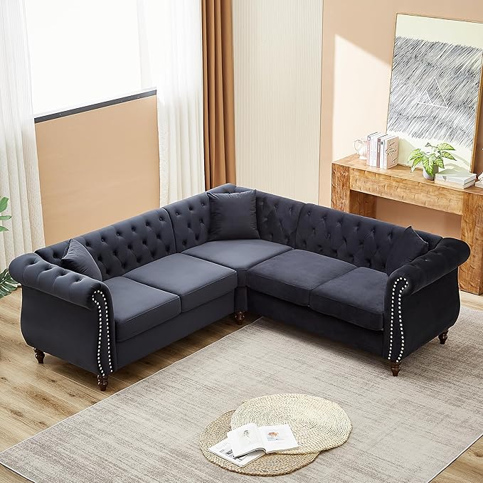 KEIKI 83.5" Chesterfield Corner Sofa, Upholstered L-Shaped Velvet Couch with Rolled Arm, 5 Seater Corner Sofas for Living Room Bedroom Office Apartment, Black