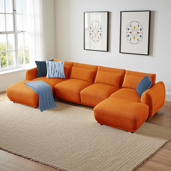 Sectional Sofa Couch, Modern U Shaped Sectional Couch with Ottoman, Modular Sectional Sofa Cloud Couches for Living Room (Orange, 4 Set + 2 Ottoman)