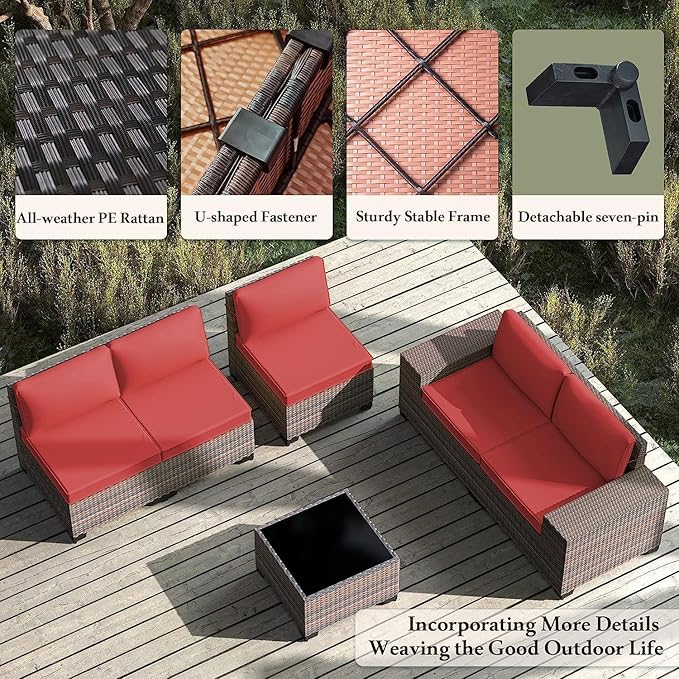 6 PCS Outdoor Patio Furniture Set,Outdoor Sectional Furniture All Weather PE Rattan Wicker Patio Conversation Set with Coffee Table and 5 Thickened Cushions,Red