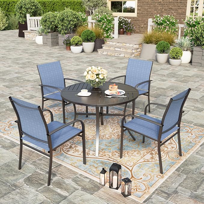 HERA'S HOUSE 5 Pieces Patio Table and Chairs Set, Outdoor Dining Furniture for 4, 42" Black Metal Round Dining Table with Umbrella Hole, 4 x Blue Textilene Chairs for Lawn Garden Backyard Deck - Image 8