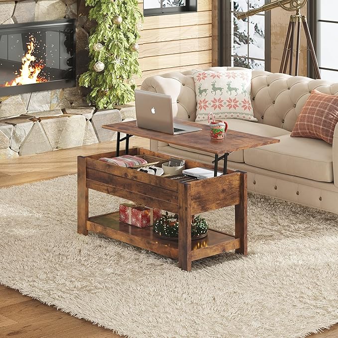 WLIVE Coffee Table, 39" Lift Top Coffee Table with Hidden Compartment and Storage Shelf for Living Room, Rustic Brown