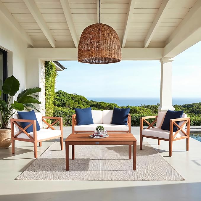 Safavieh PAT7031A Collection Nunzio Teak and White and Navy 4 Pc Accent Pillows Outdoor Set